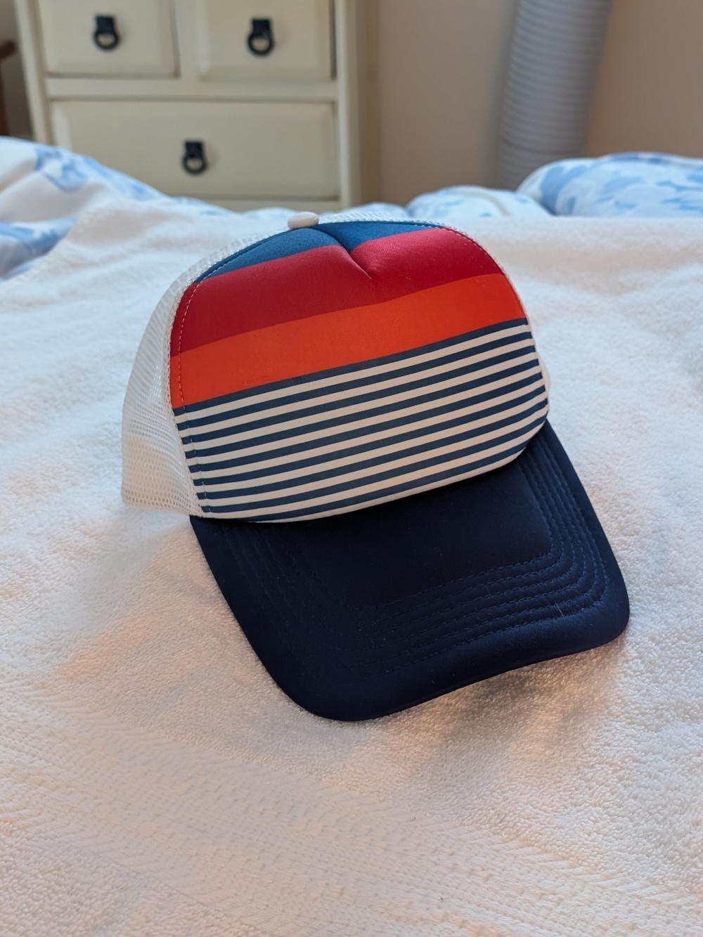 Striped Sunset Trucker Hat - Navy, Red, Orange, White